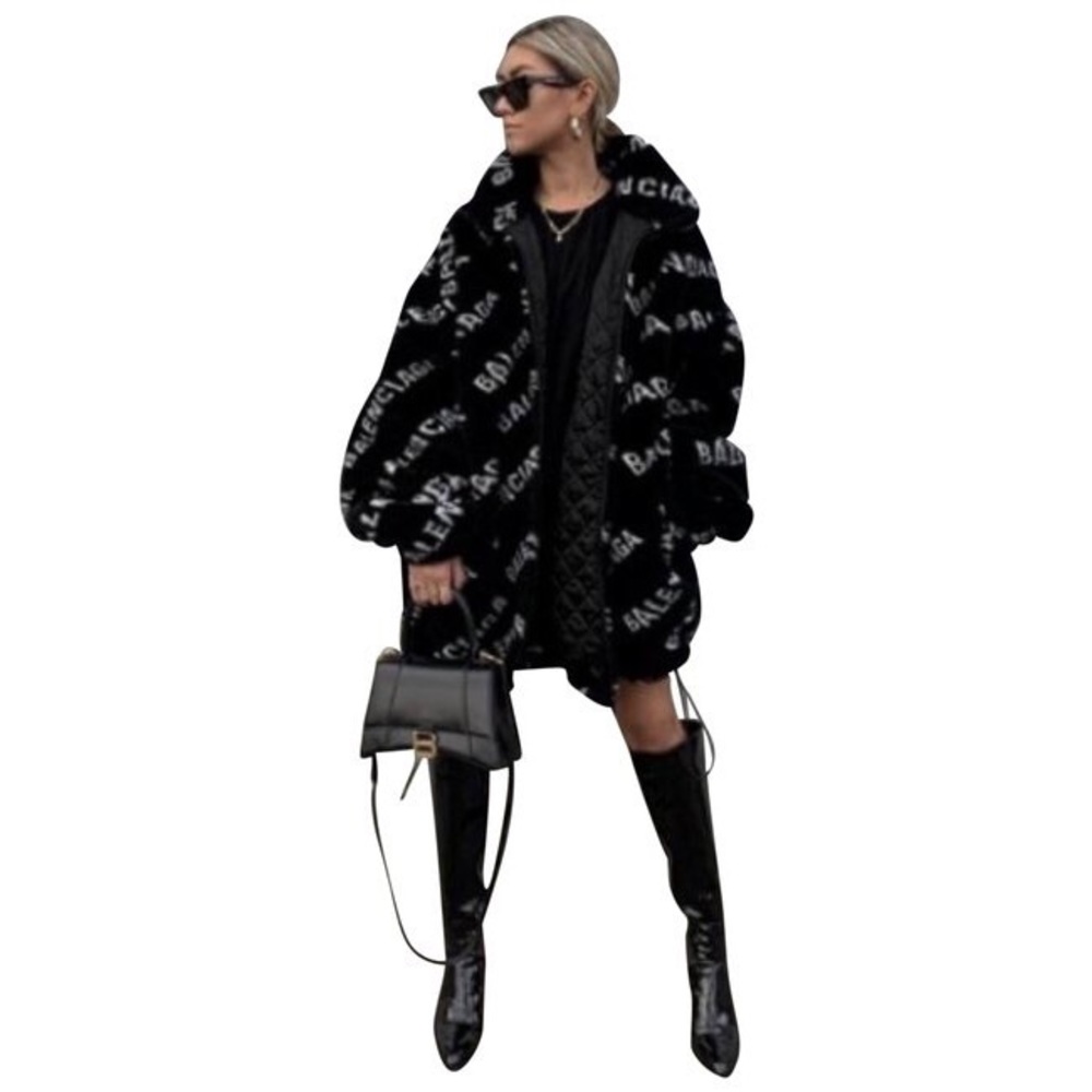 Balenciaga Fleece Jacket Fur Coat Faux Fur Stand Collar Logo Coat 100% Authentic - Picture 1 of 16